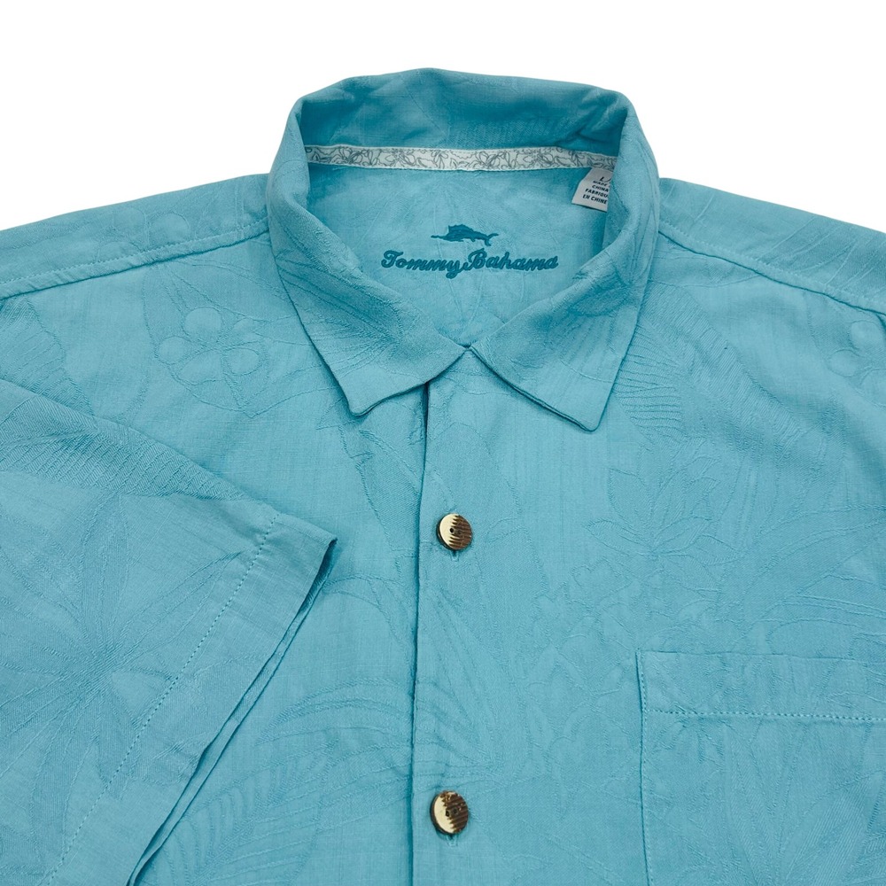 Tommy Bahama Silk Camp Shirt Mens L Blue Aqua Tropical Jacquard Hawaiian Coastal
